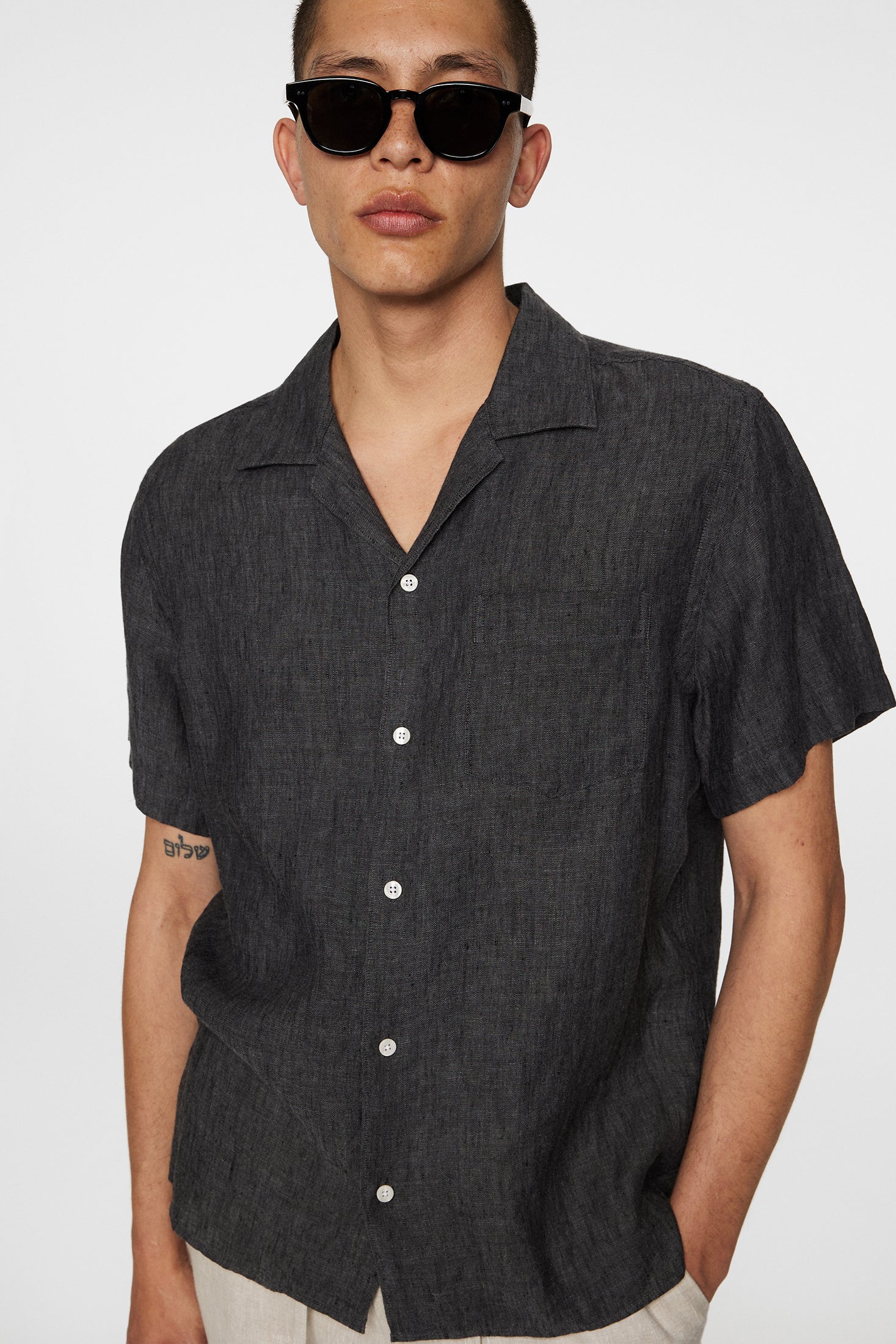 ELIO LINEN MELANGE SHIRT - BLACK - Afbeelding 5