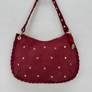 Real leather schoudertasje met studs bordeaux rood