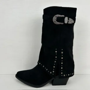 Suèdine cowboylaars met sierlijke flap zwart