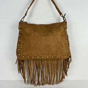 Suèdine schoudertasje met studs en franjes camel