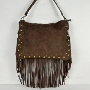 Suèdine schoudertasje met studs en franjes bruin