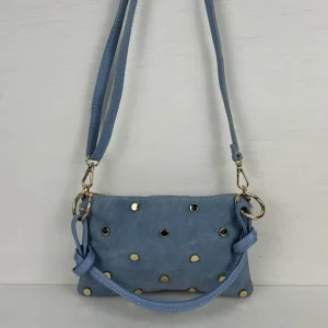 Real leather schoudertasje/ handtasje met studs blauw