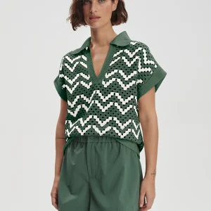 JOELLE CROCHET POLO TOP - CILANTRO
